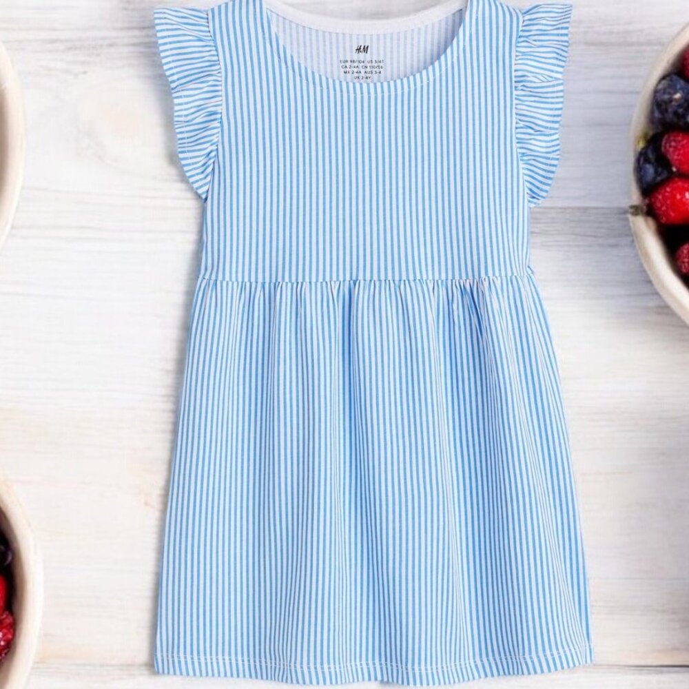 H&M Blue Stripes Flutter Sleeve dress  100% Cotton Airy and sting free NWT